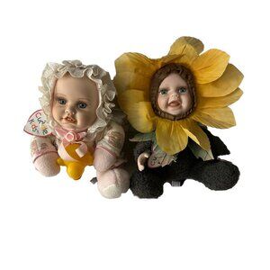 2 Vtg Cuddle Kids Porcelain Girl Baby Dolls Sophie Sunflower Baby W Duck Tags 8”